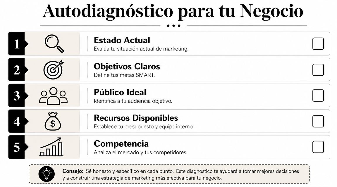Elige la Mejor Agencia Marketing Digital en México » agencia marketing digital en méxico Lista de cinco puntos para realizar un autodiagnóstico de marketing estratégico para el crecimiento de tu negocio.