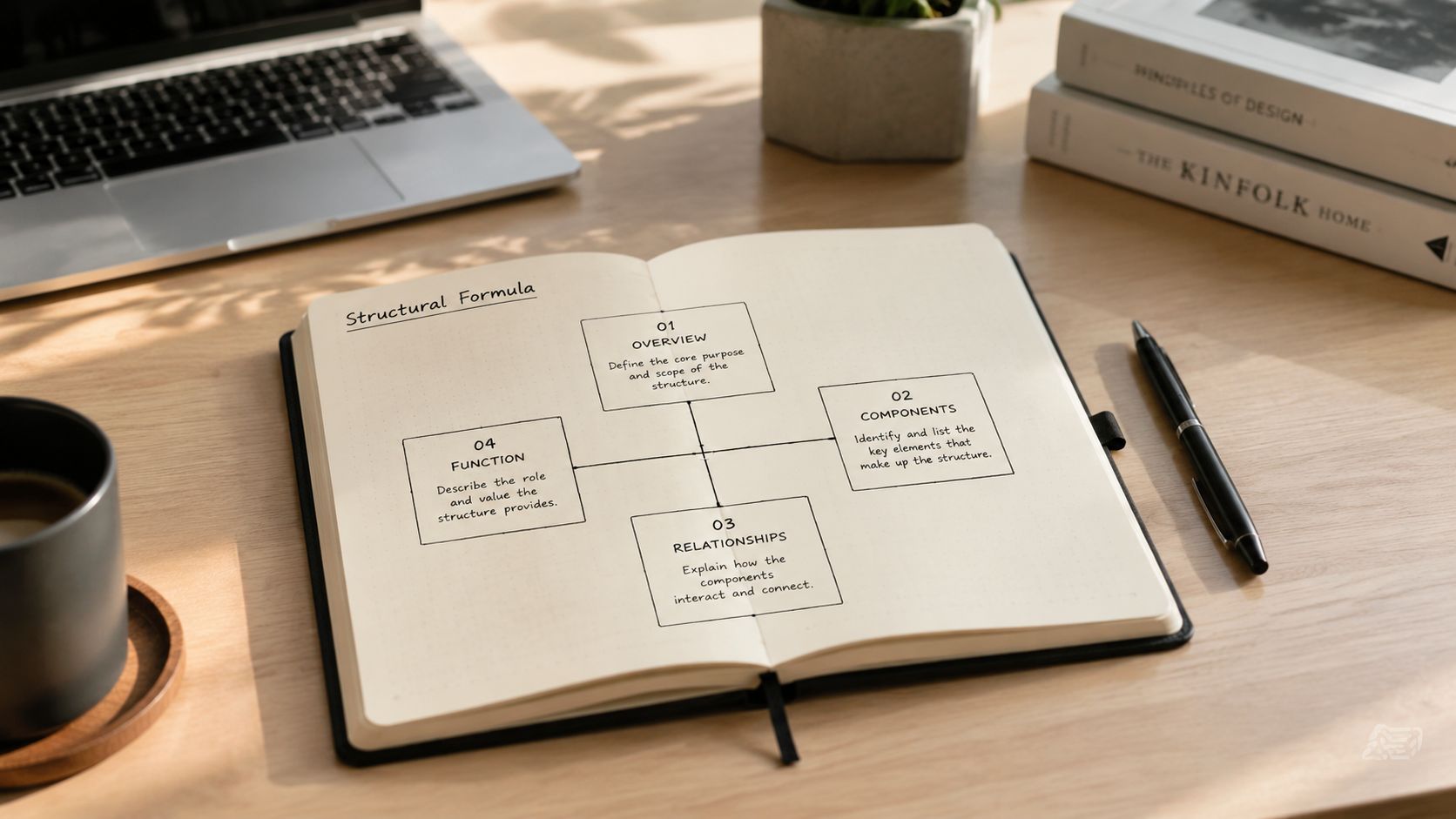 Un cuaderno abierto sobre un escritorio muestra un diagrama de cuatro cuadrantes titulado fórmula estructural.