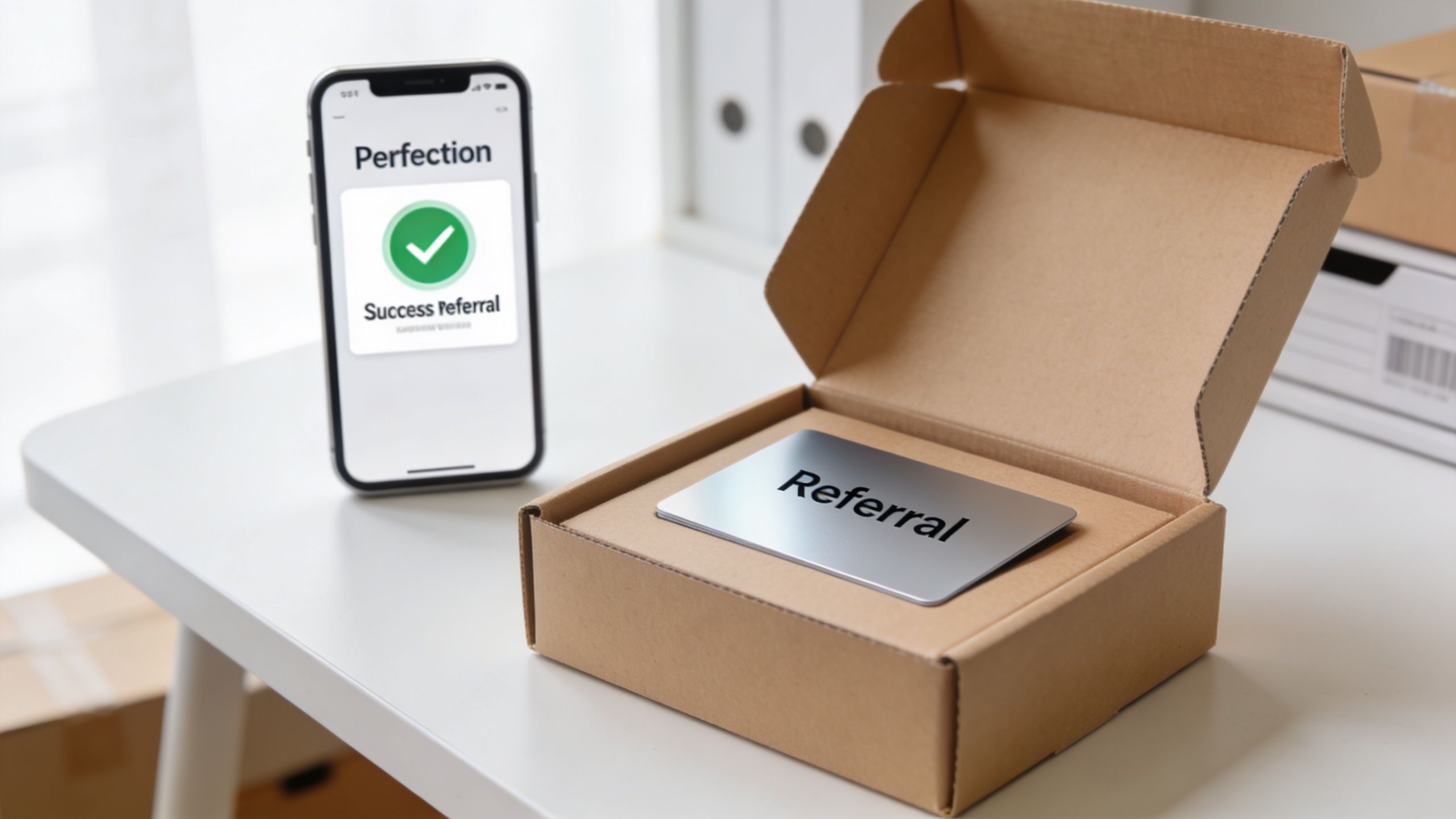 Un teléfono móvil con una notificación de éxito y una caja de cartón que contiene una tarjeta de referencia.