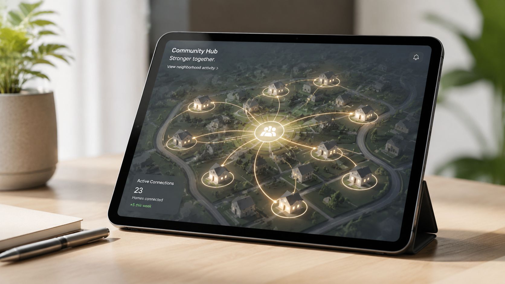 Community management: la guía para convertirlo en ventas » community management Una tableta electrónica mostrando un centro de gestión comunitaria digital que conecta varios hogares en un vecindario.