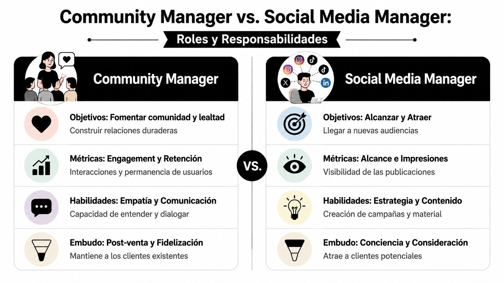 Community management: la guía para convertirlo en ventas » community management Comparativa visual detallando las funciones y diferencias clave entre un Community Manager y un Social Media Manager.