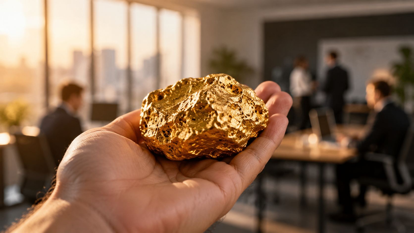 Una mano sosteniendo una pepita de oro brillante con una oficina corporativa desenfocada en el fondo