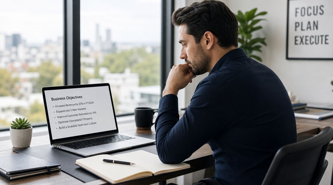 Un hombre de negocios reflexivo trabaja frente a su laptop analizando objetivos empresariales en una oficina moderna.