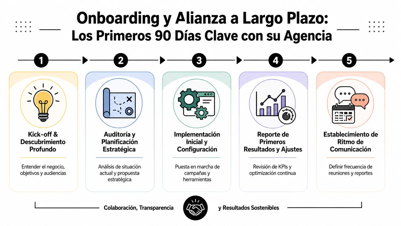 Infografía sobre el proceso de onboarding de 90 días en una relación de trabajo con una agencia.