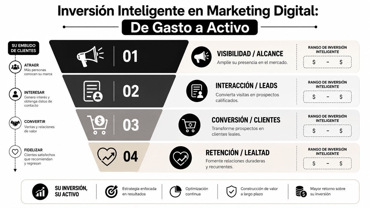 Infografía sobre inversión en marketing digital que muestra las etapas del embudo de ventas y activos.