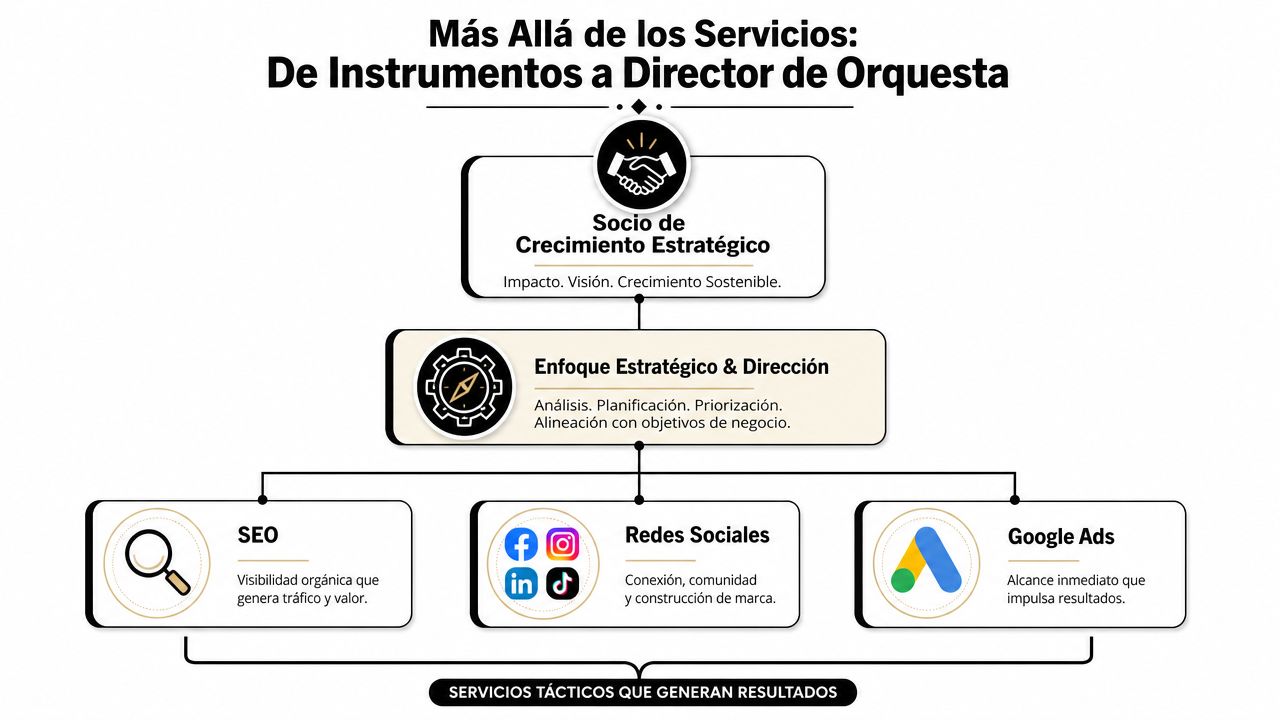 Diagrama que muestra una agencia de marketing como director de orquesta coordinando servicios estratégicos y tácticos.