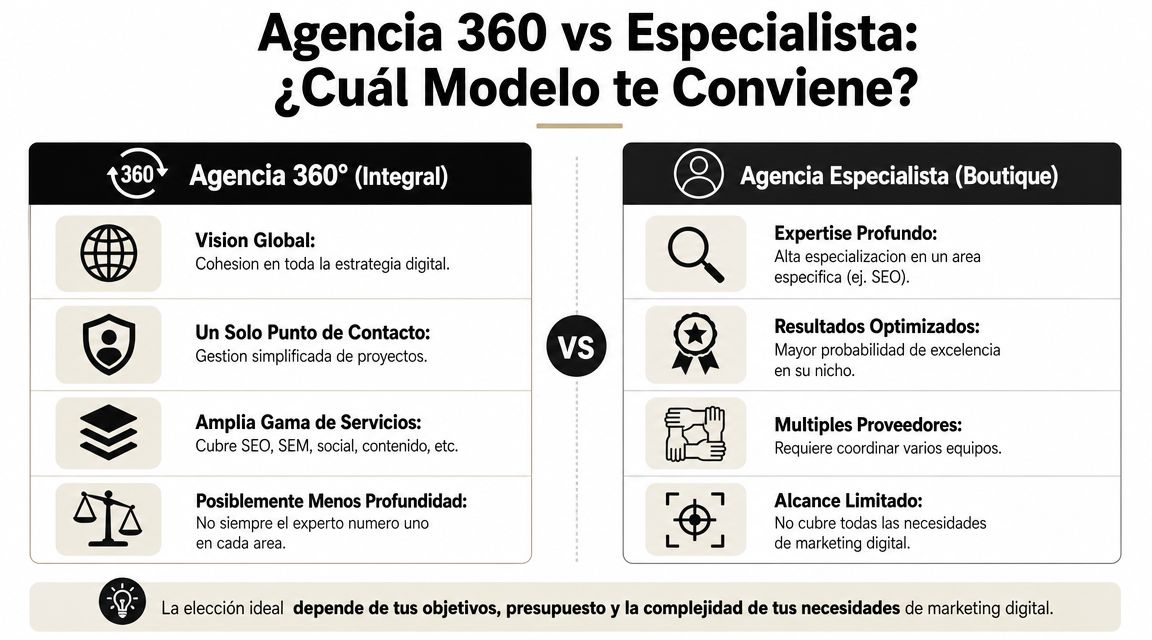 Comparativa entre agencia de marketing 360 integral y agencia especialista tipo boutique para estrategia digital.
