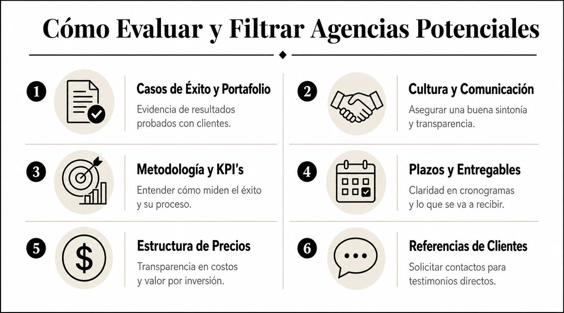 Infografía sobre cómo evaluar y filtrar agencias de marketing digital para elegir al socio ideal de negocios.