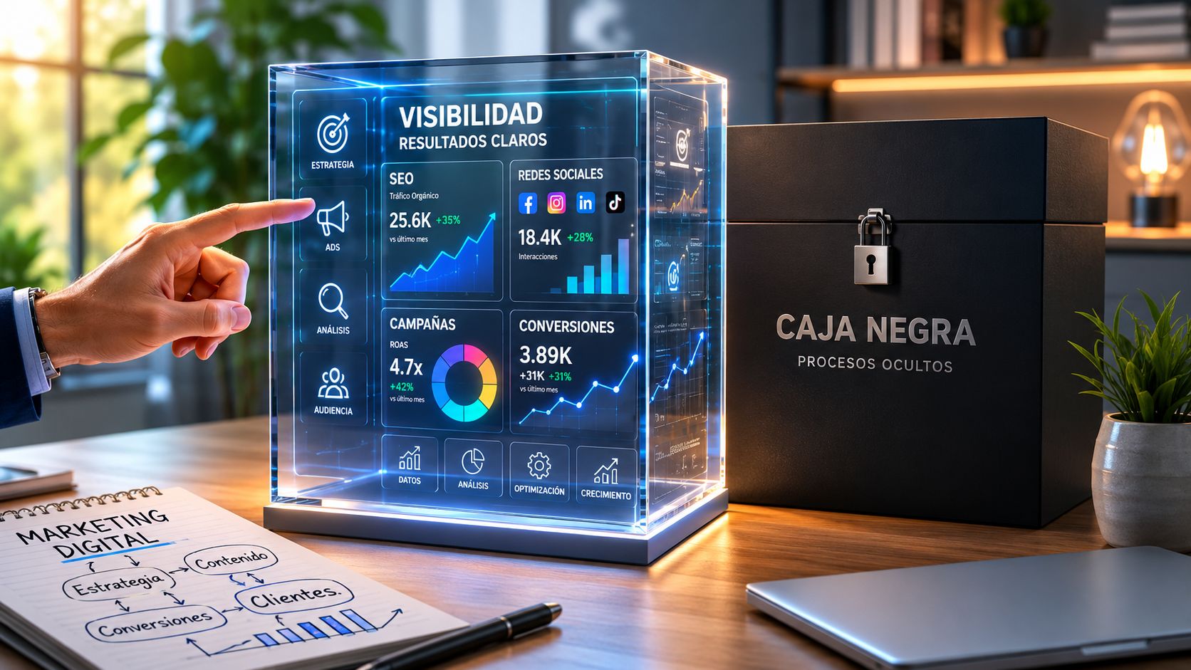 Representación visual de métricas de marketing digital contrastando transparencia y optimización con una caja negra cerrada.