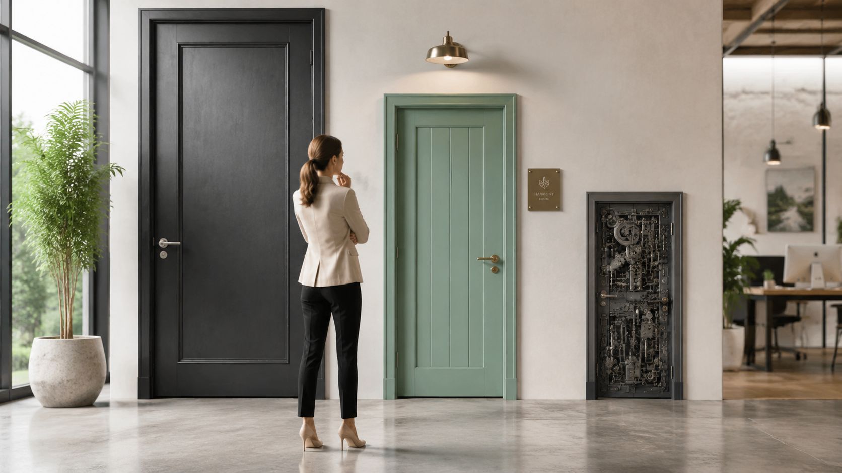 Una mujer de negocios contempla tres puertas distintas en una oficina moderna con un diseño elegante.