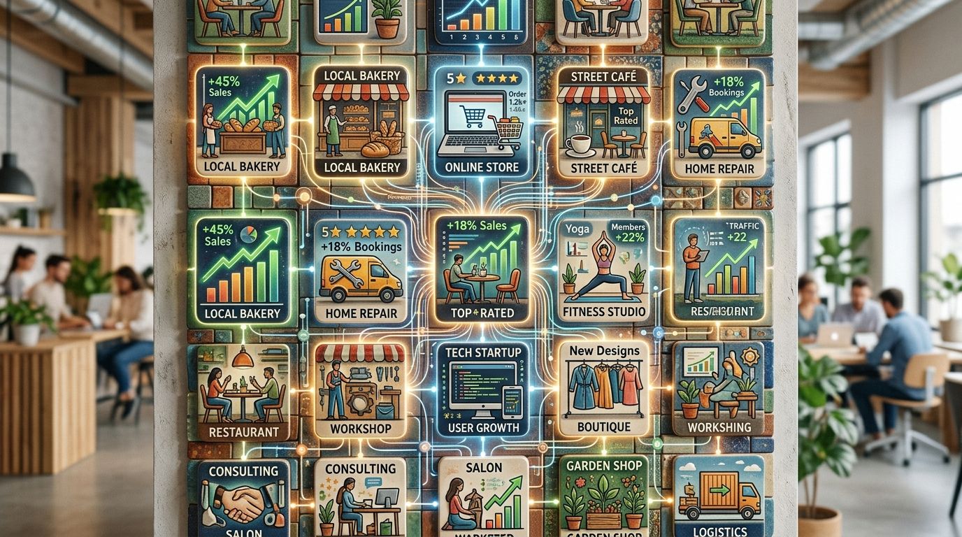 Representación gráfica de diversos negocios y servicios interconectados mediante conexiones digitales en una pared de oficina.
