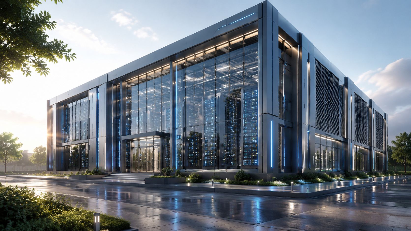 Moderno edificio de centro de datos con fachadas de cristal y servidores visibles bajo un cielo despejado
