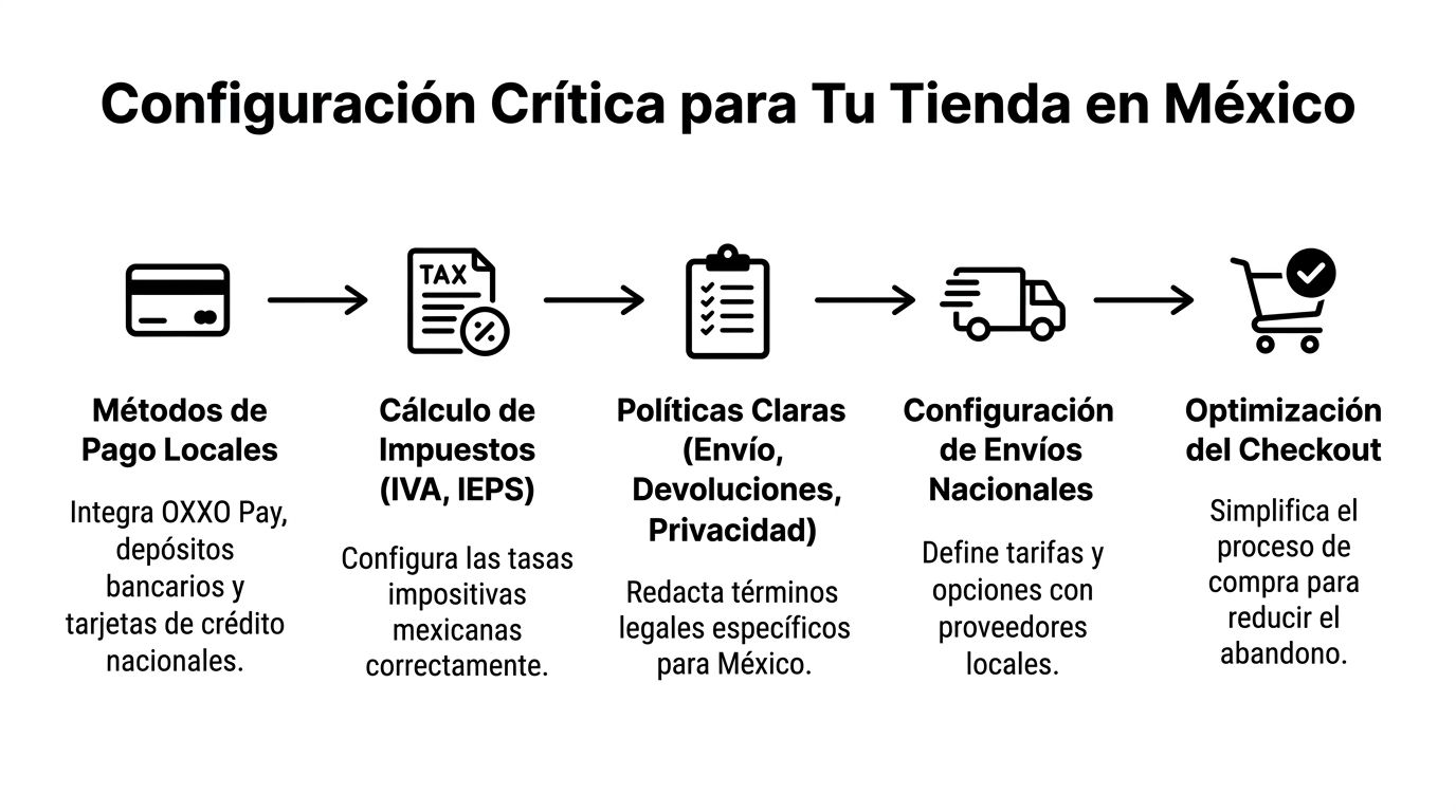 Diagrama que muestra los pasos críticos para configurar una tienda en línea exitosa en el mercado mexicano.