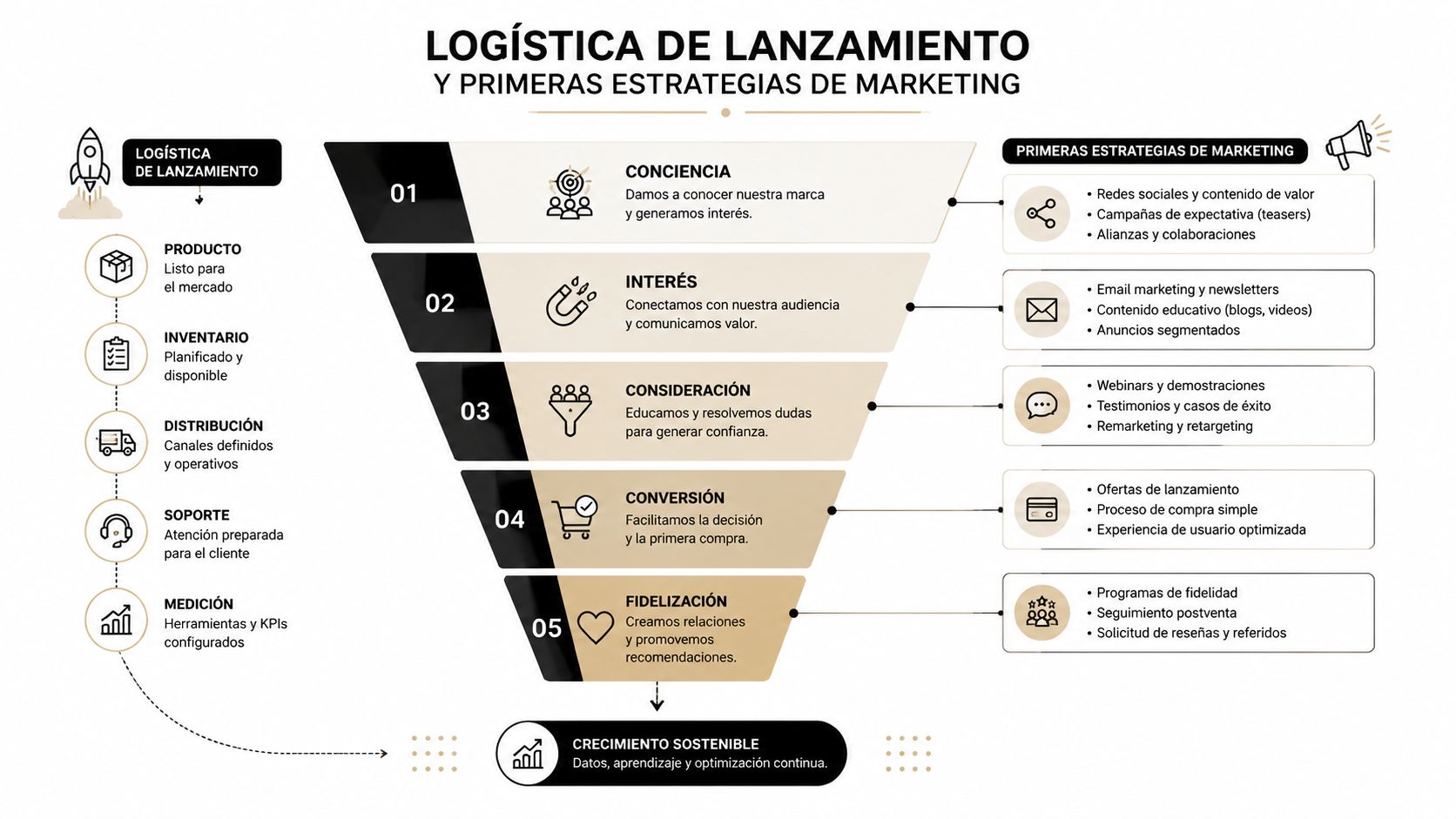 Infografía sobre la logística de lanzamiento de un producto y las estrategias de marketing digital correspondientes.
