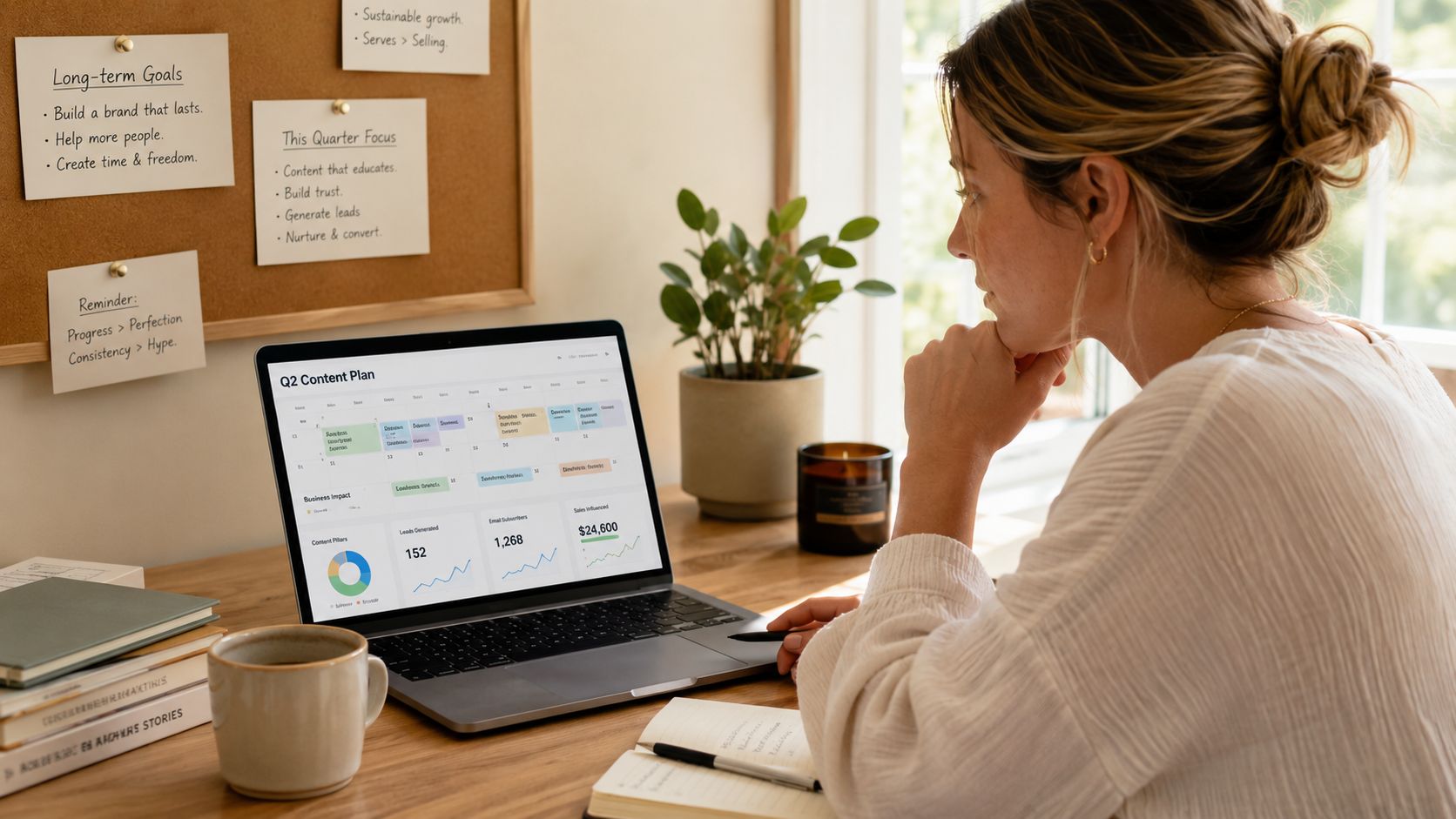 Una mujer trabajando en un plan de contenido digital en su computadora portátil desde su escritorio personal.