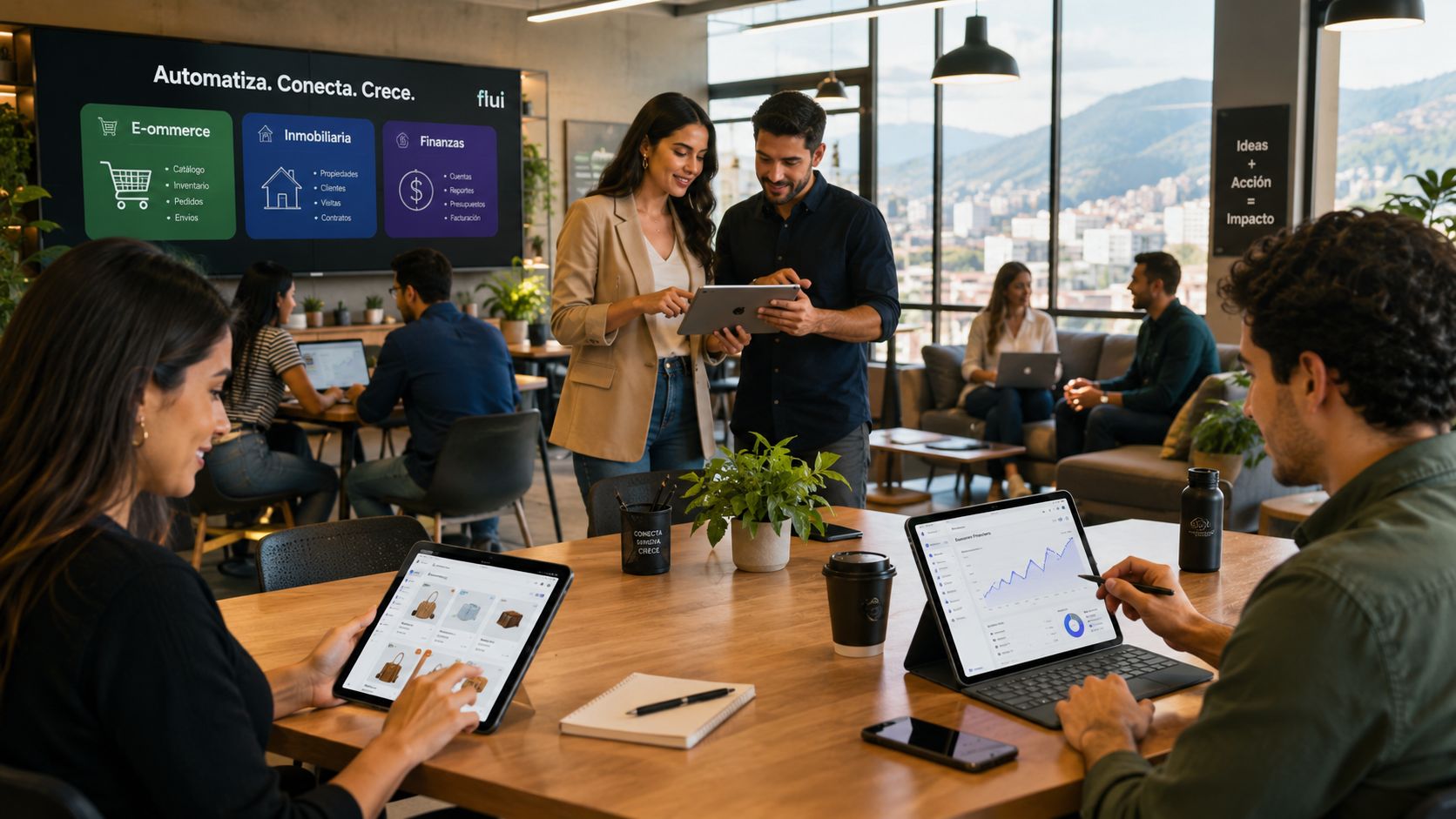Equipo profesional trabajando en una oficina moderna colaborando con tablets y pantallas digitales sobre automatización de negocios.