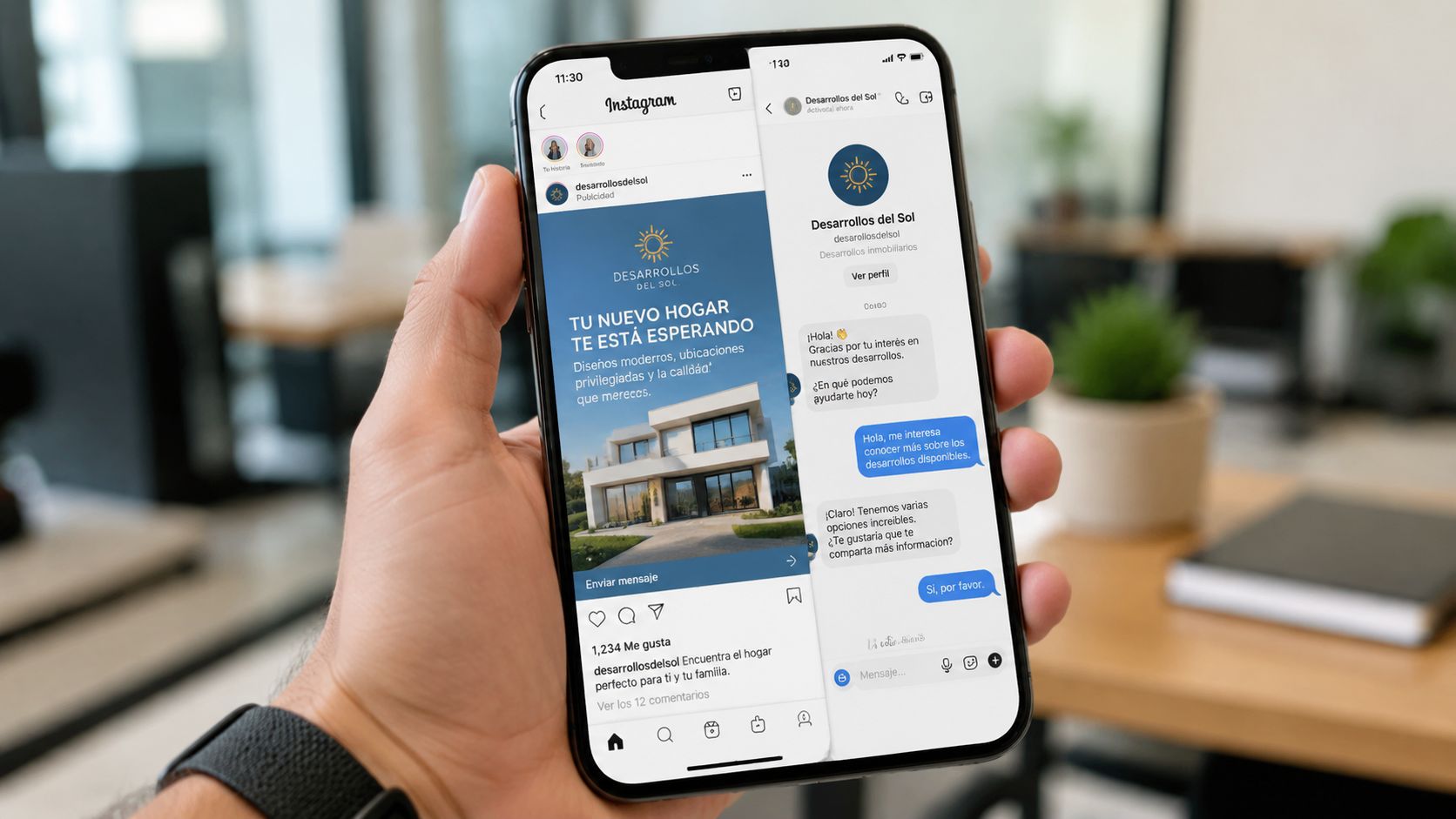 Una mano sosteniendo un smartphone mostrando una estrategia omnicanal de marketing inmobiliario en Instagram y mensajes directos.