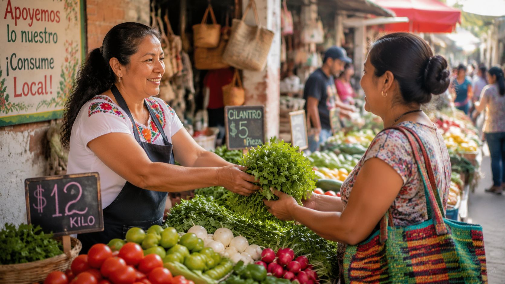 Una vendedora sonriente entrega manojo de cilantro fresco a una clienta en un mercado local mexicano.