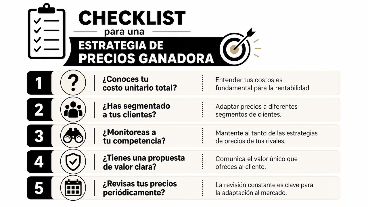 Infografía con una lista de verificación de cinco pasos clave para crear una estrategia de precios ganadora.
