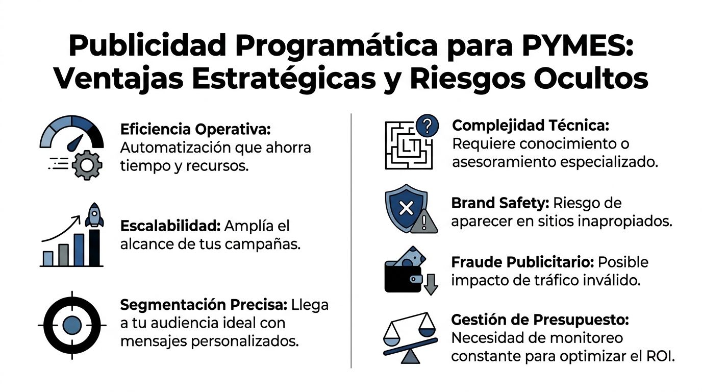 Infografía sobre las ventajas estratégicas y los riesgos ocultos de la publicidad programática para las PYMES.