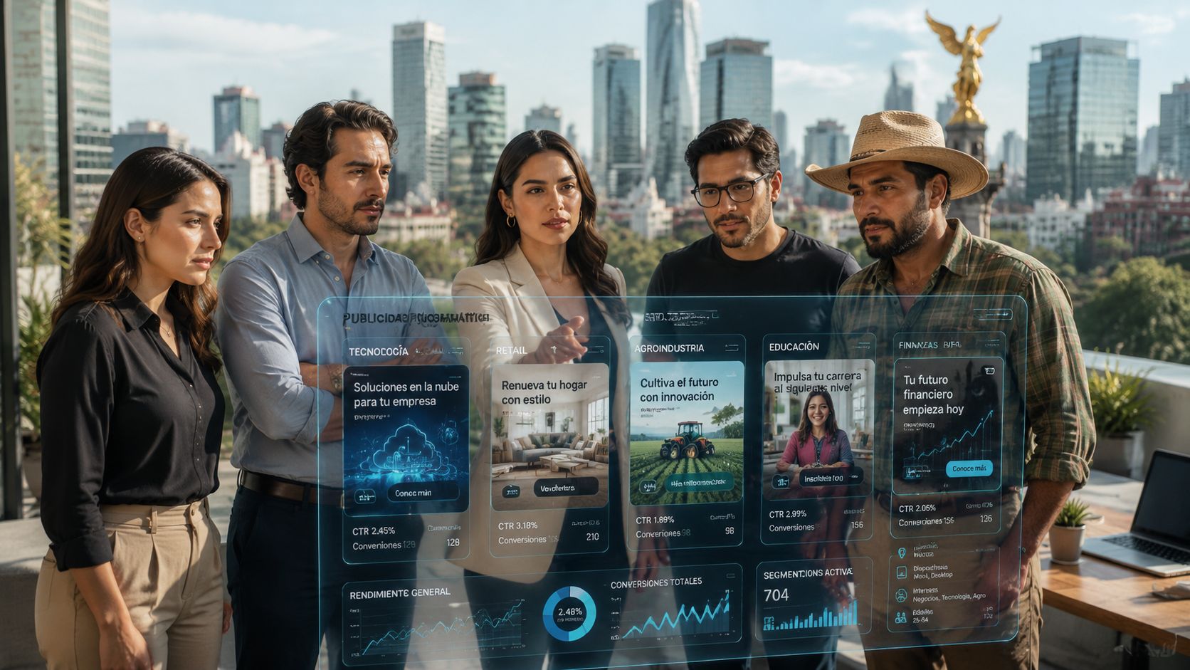 Un equipo profesional analizando datos y métricas de publicidad programática mediante una interfaz holográfica en una oficina moderna.