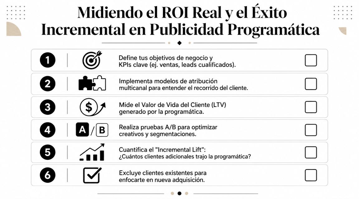 Una infografía enumerando seis pasos esenciales para medir el ROI y éxito en publicidad programática.