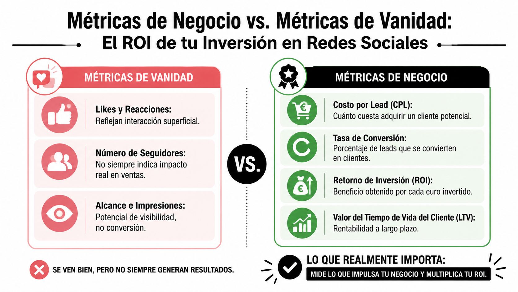 Comparativa gráfica entre métricas de vanidad y métricas de negocio para medir el éxito en redes sociales.
