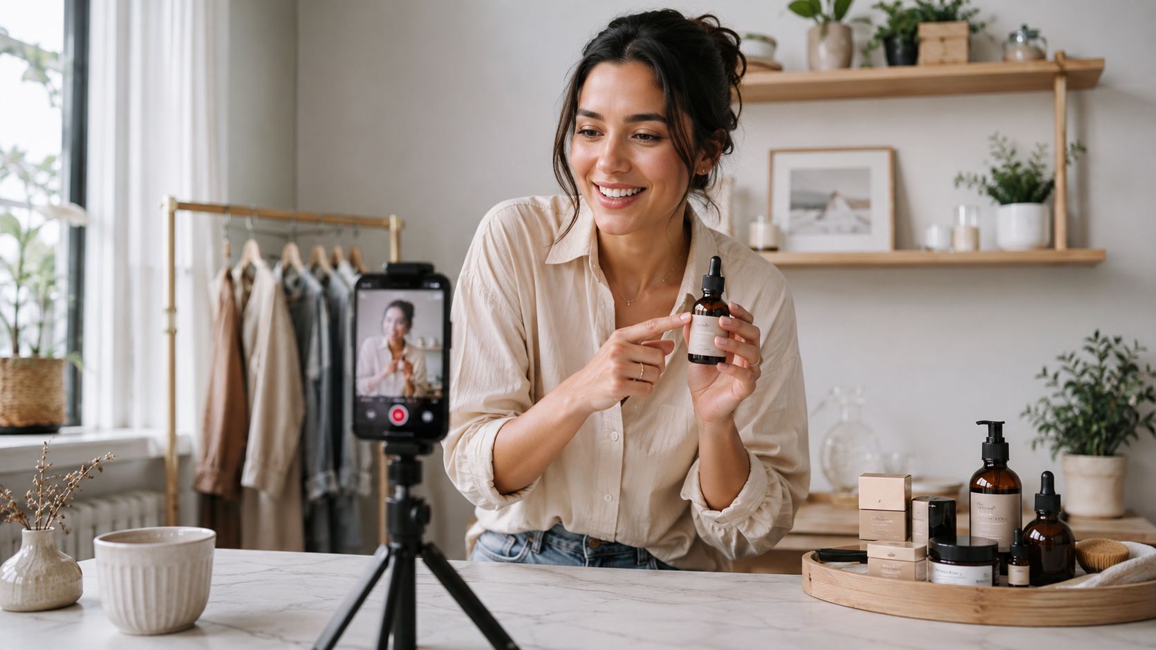 Una joven influencer grabando un video con su teléfono sobre productos de belleza y cuidado personal.