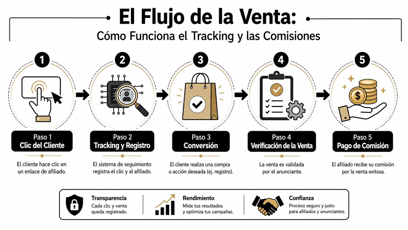 Diagrama del flujo de venta que explica cómo funciona el seguimiento y las comisiones en marketing de afiliación.