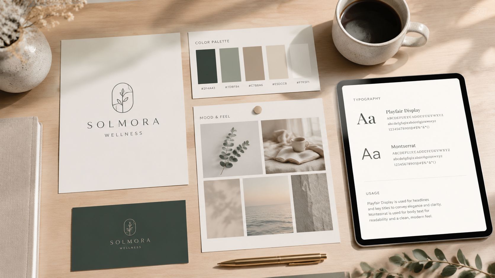 Presentación de identidad de marca para Solmora Wellness con logotipo, paleta de colores, tipografía y tablero de inspiración.