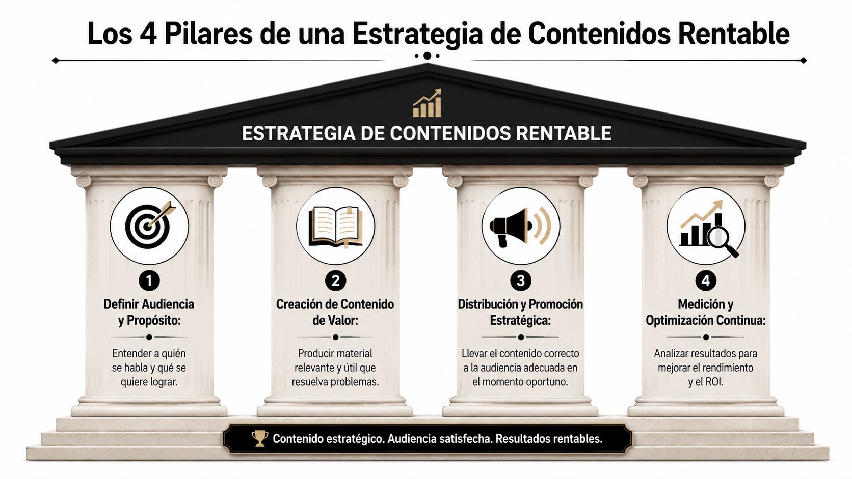 Infografía sobre los cuatro pilares fundamentales para desarrollar una estrategia de contenidos rentable y exitosa en marketing.