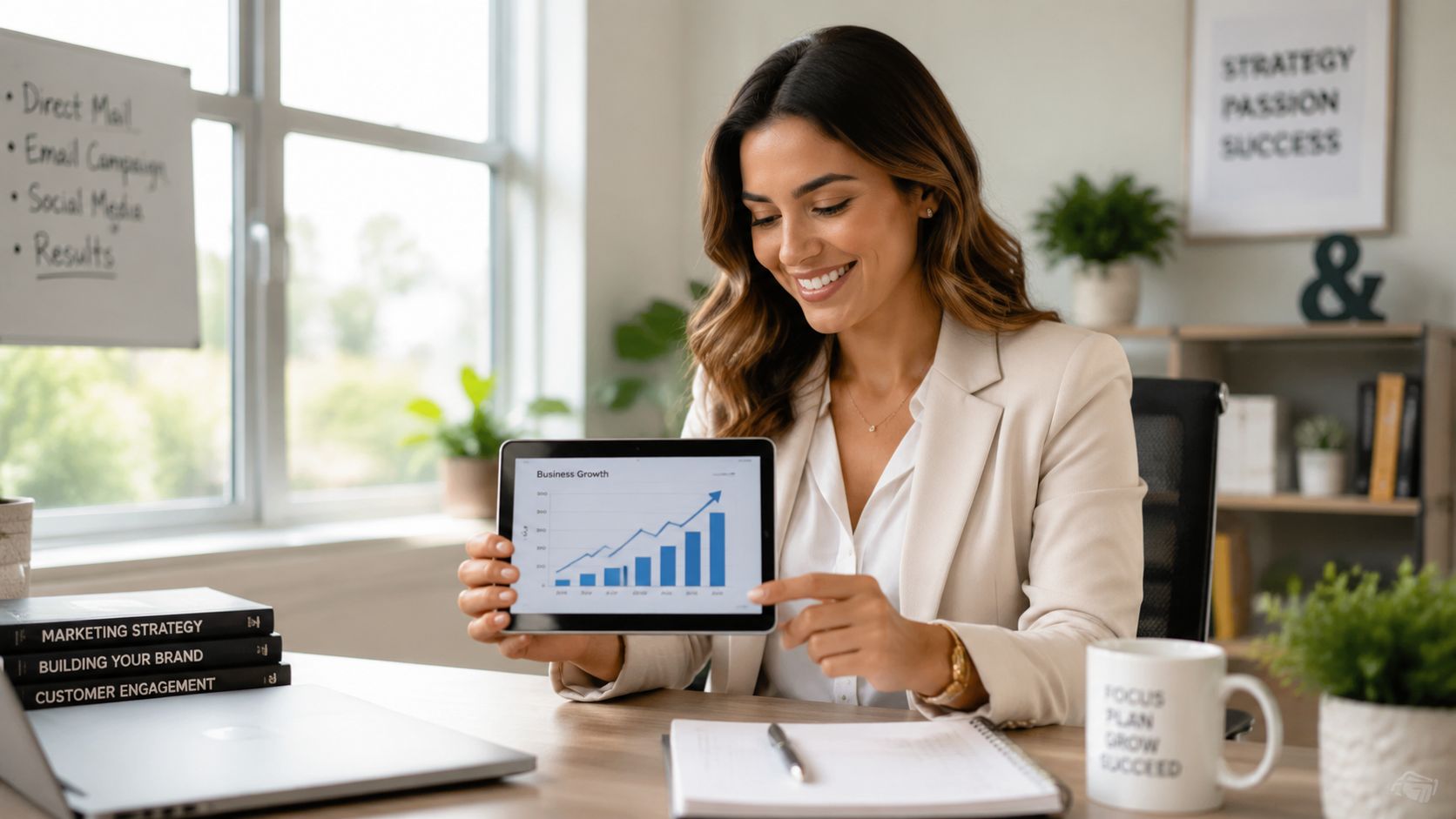 Mujer de negocios sonriente mostrando un gráfico de crecimiento empresarial en su tableta digital en una oficina.