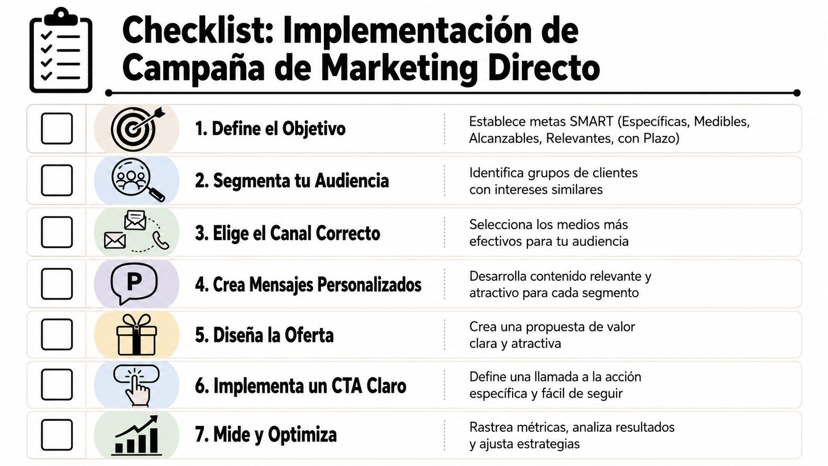 Lista de verificación para la implementación de una campaña de marketing directo con siete pasos esenciales.