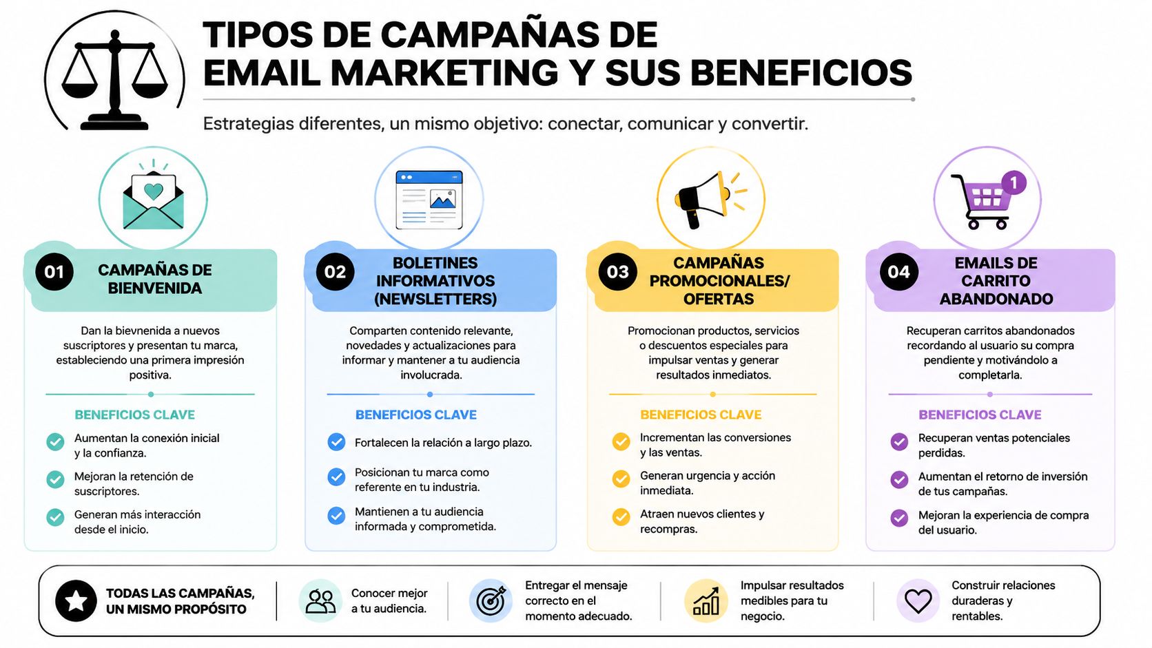Infografía sobre los cuatro tipos principales de campañas de email marketing y sus respectivos beneficios estratégicos.