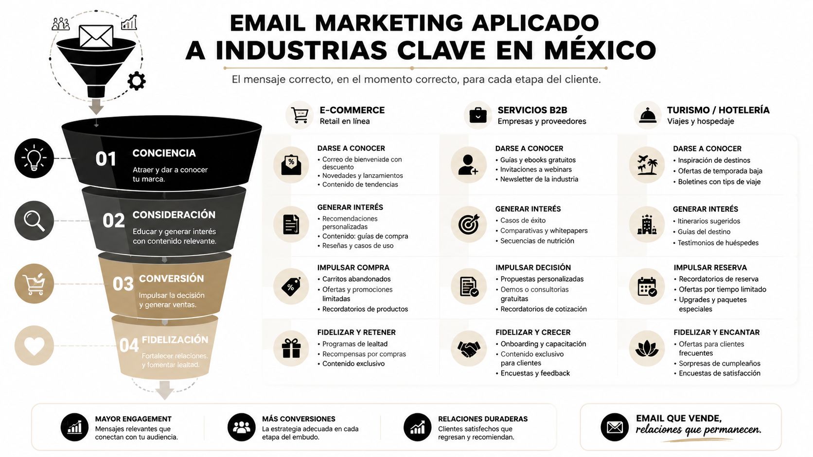 Infografía sobre estrategias de email marketing aplicadas a los sectores de comercio electrónico, servicios B2B y turismo.