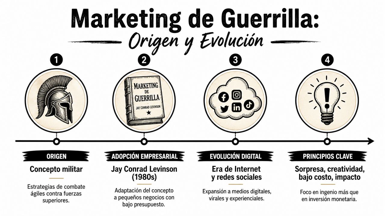 Infografía sobre el origen y la evolución del marketing de guerrilla, destacando sus etapas clave y conceptos fundamentales.