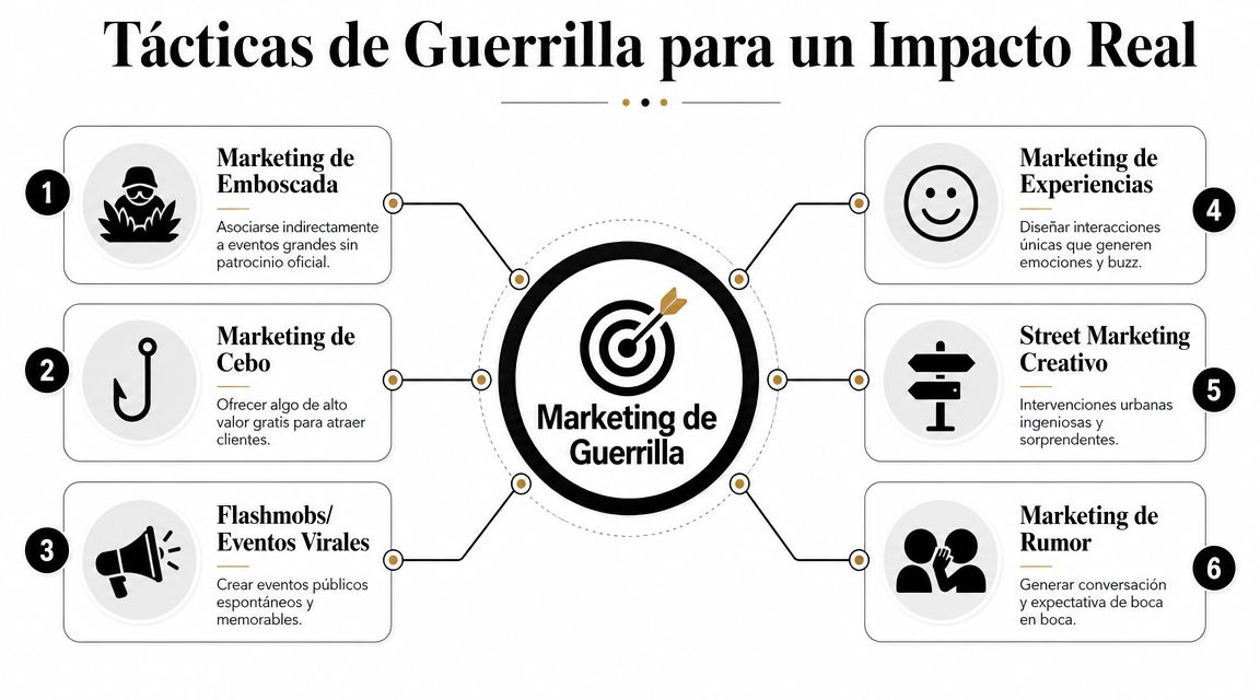 Infografía sobre seis tácticas de marketing de guerrilla para lograr un impacto real en tu audiencia.
