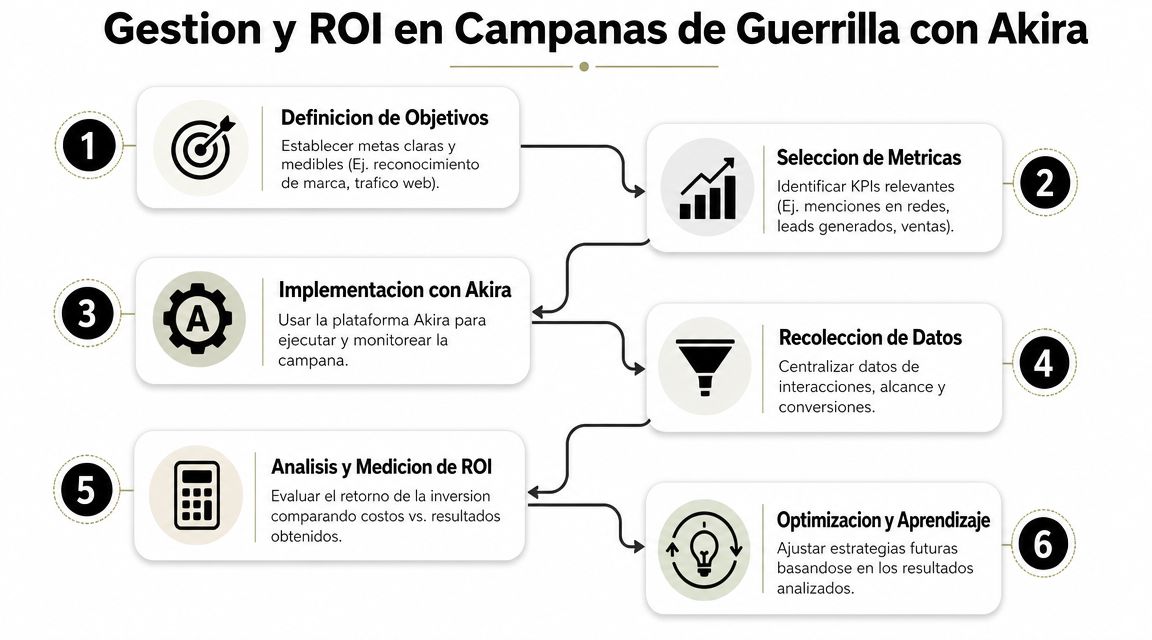 Diagrama de seis pasos que explica la gestión y el retorno de inversión en campañas de marketing