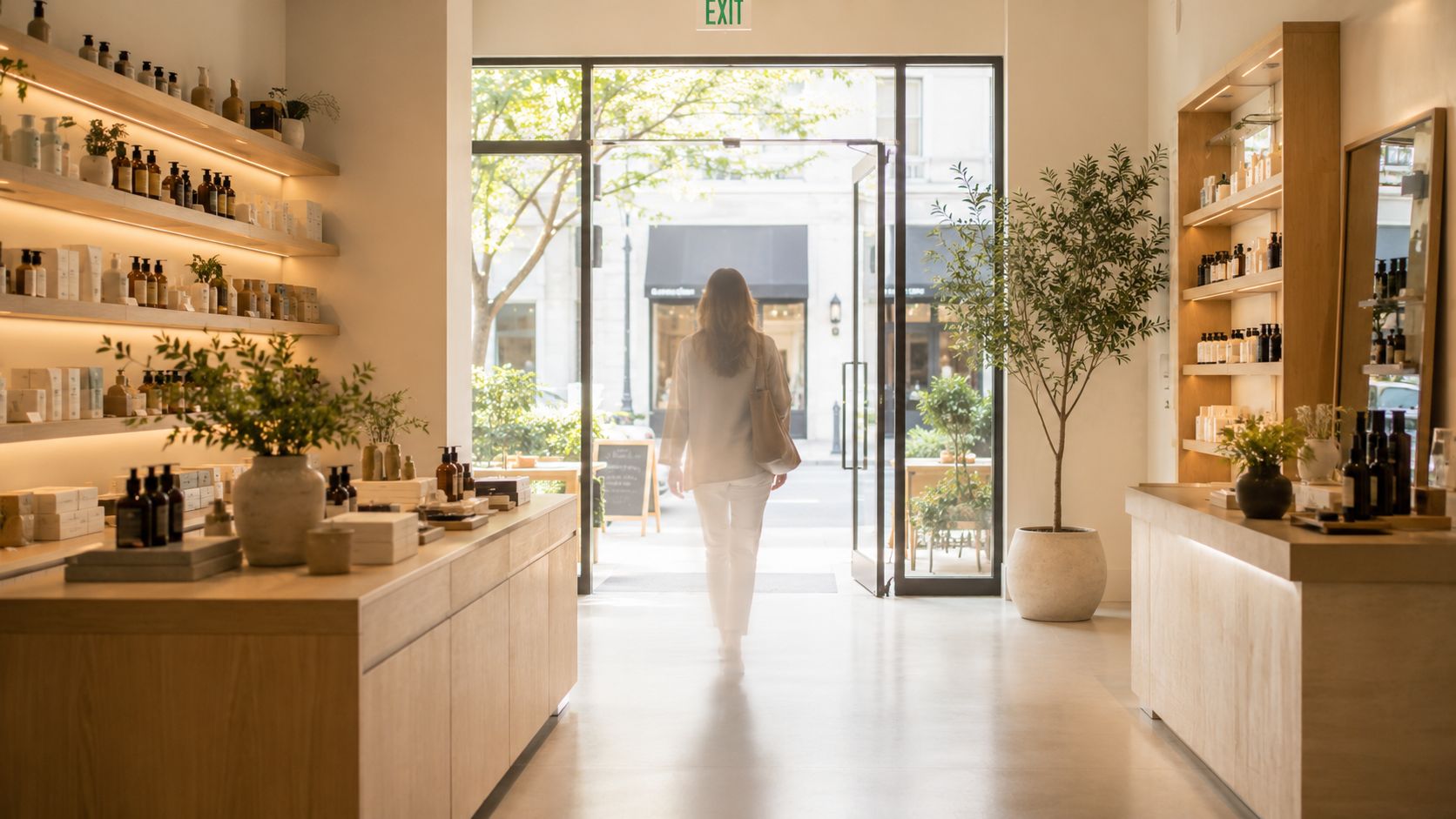 Una mujer caminando hacia la salida de una tienda boutique elegante con estantes de productos cosméticos.