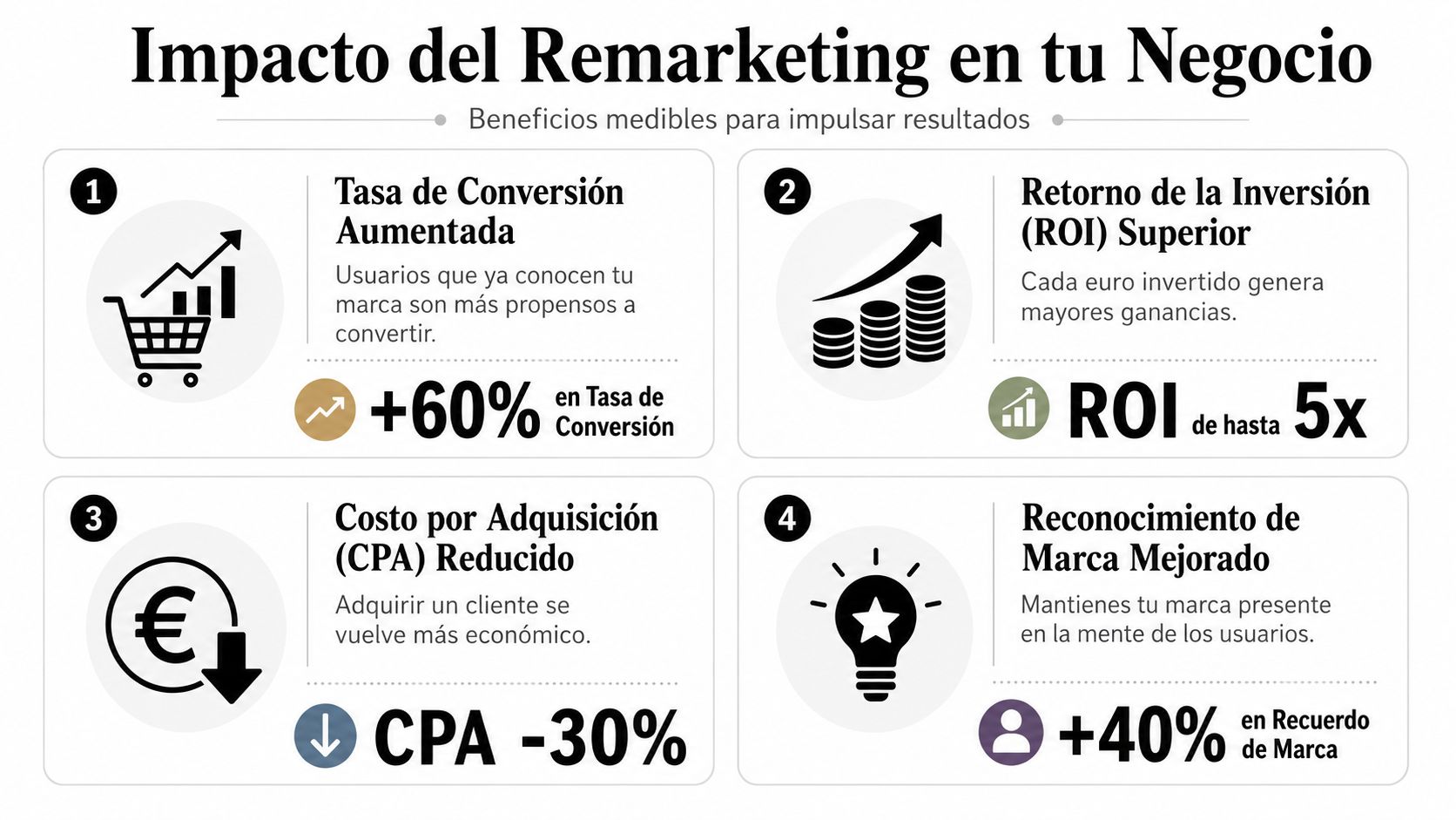 Infografía sobre los beneficios medibles del remarketing, destacando aumentos en conversión y retorno de la inversión.