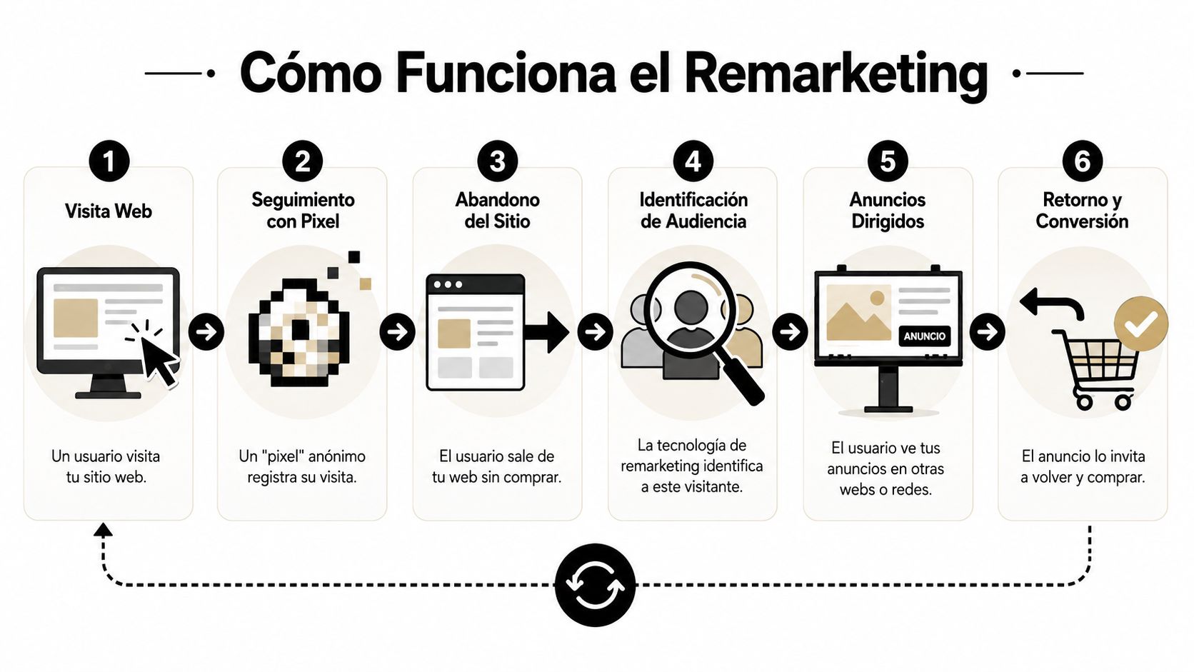 Diagrama de seis pasos explicando cómo funciona el proceso de remarketing para convertir usuarios en clientes potenciales.