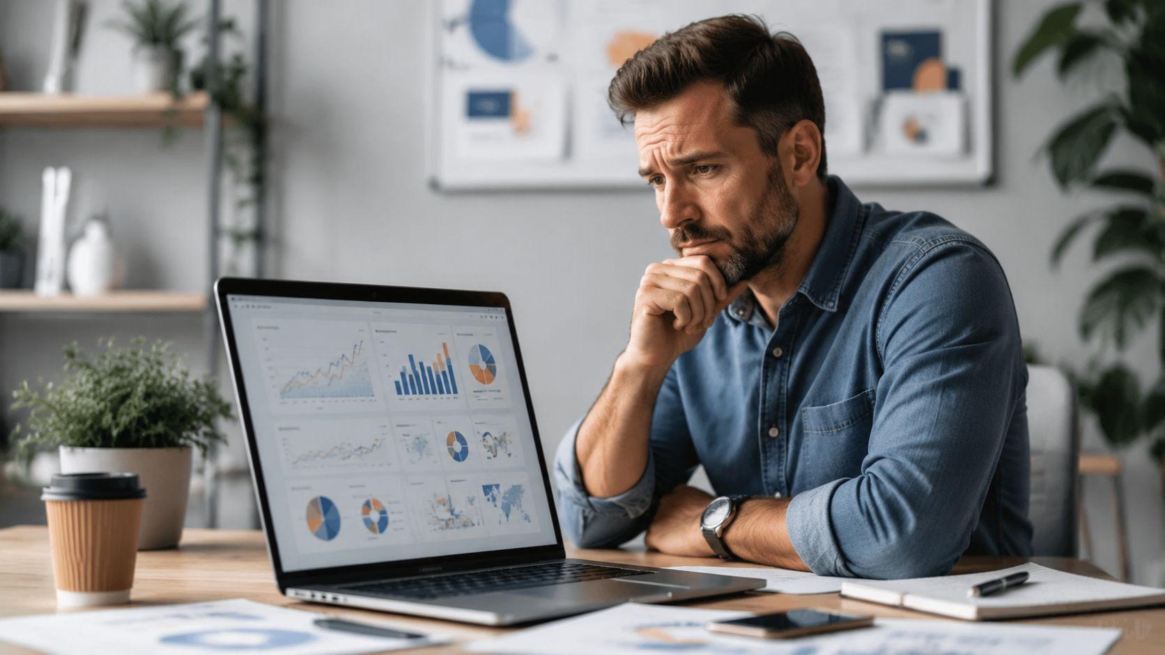 Qué es el customer journey: Guía completa 2026 » qué es el customer journey Un hombre analizando datos en su computadora portátil mientras se encuentra trabajando desde una oficina moderna.