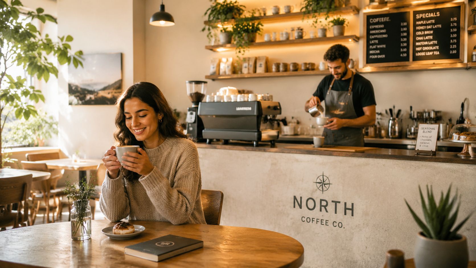 Una joven sonriente disfruta de una taza de café en una acogedora cafetería moderna llamada North Coffee.