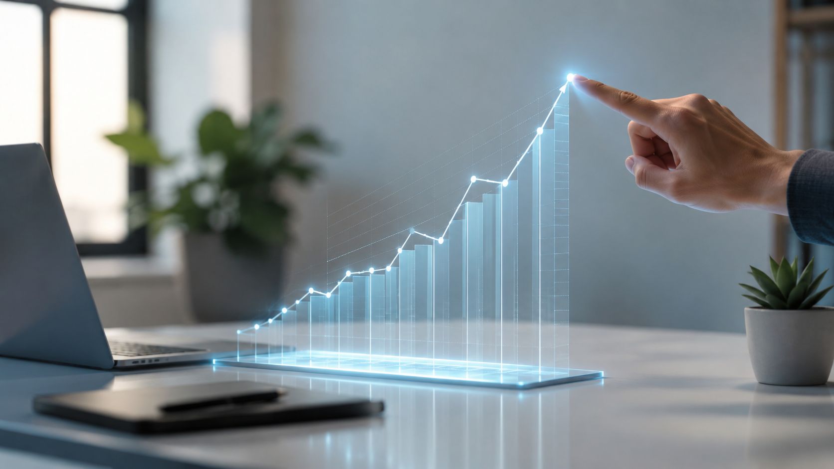 Una mano interactúa con un gráfico de crecimiento financiero holográfico digital sobre un escritorio de oficina moderno.