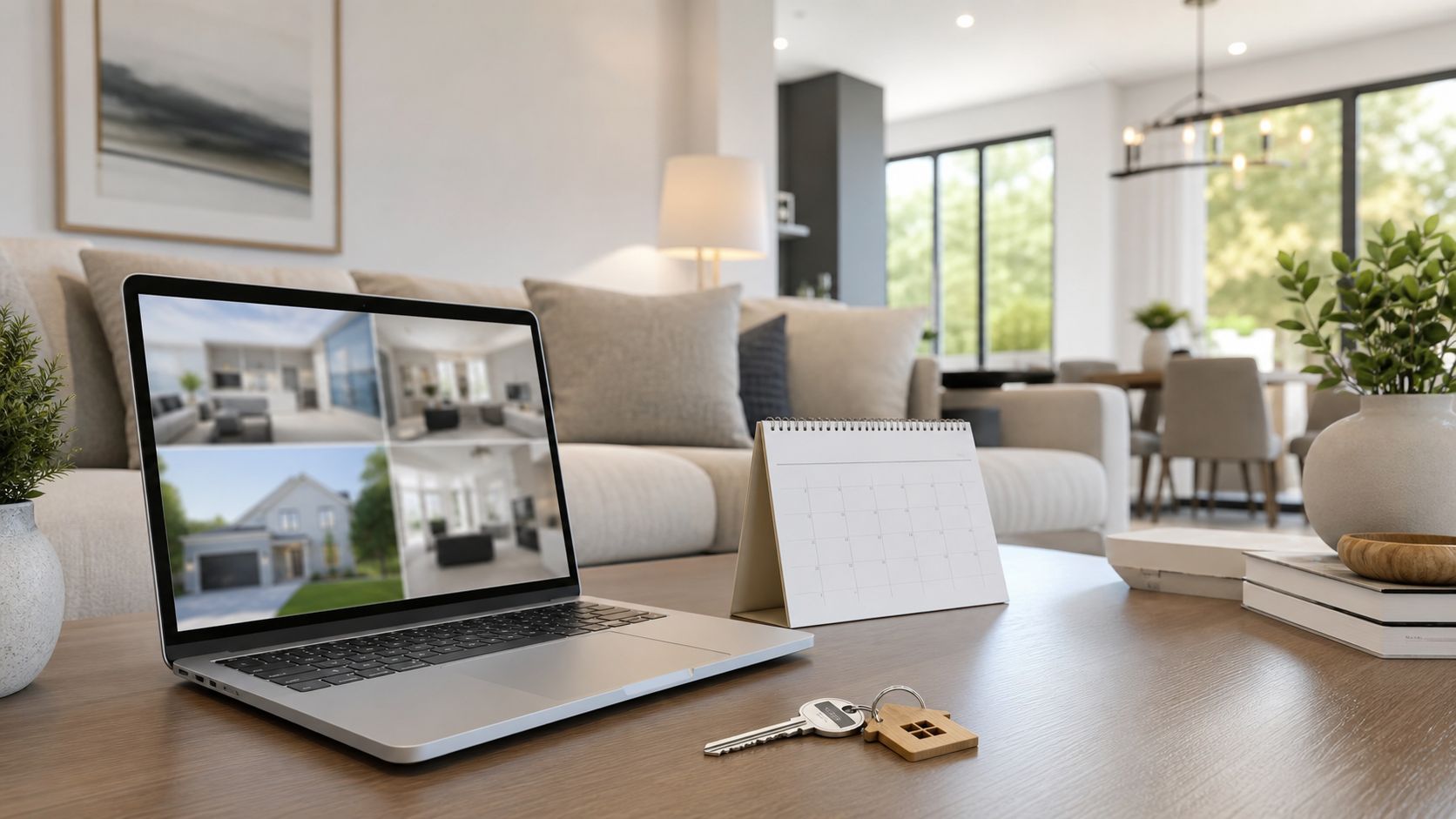Computadora portátil mostrando cámaras de seguridad junto a un calendario y llaves en una mesa moderna.