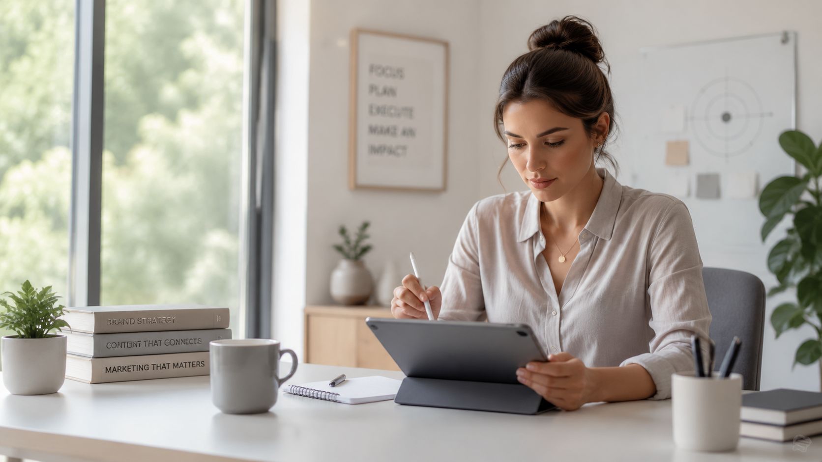 Crea tu brief de marca efectivo: Guía 2026 para PYMES » brief de marca Mujer profesional enfocada trabajando en su oficina moderna con una tableta digital y un lápiz óptico.
