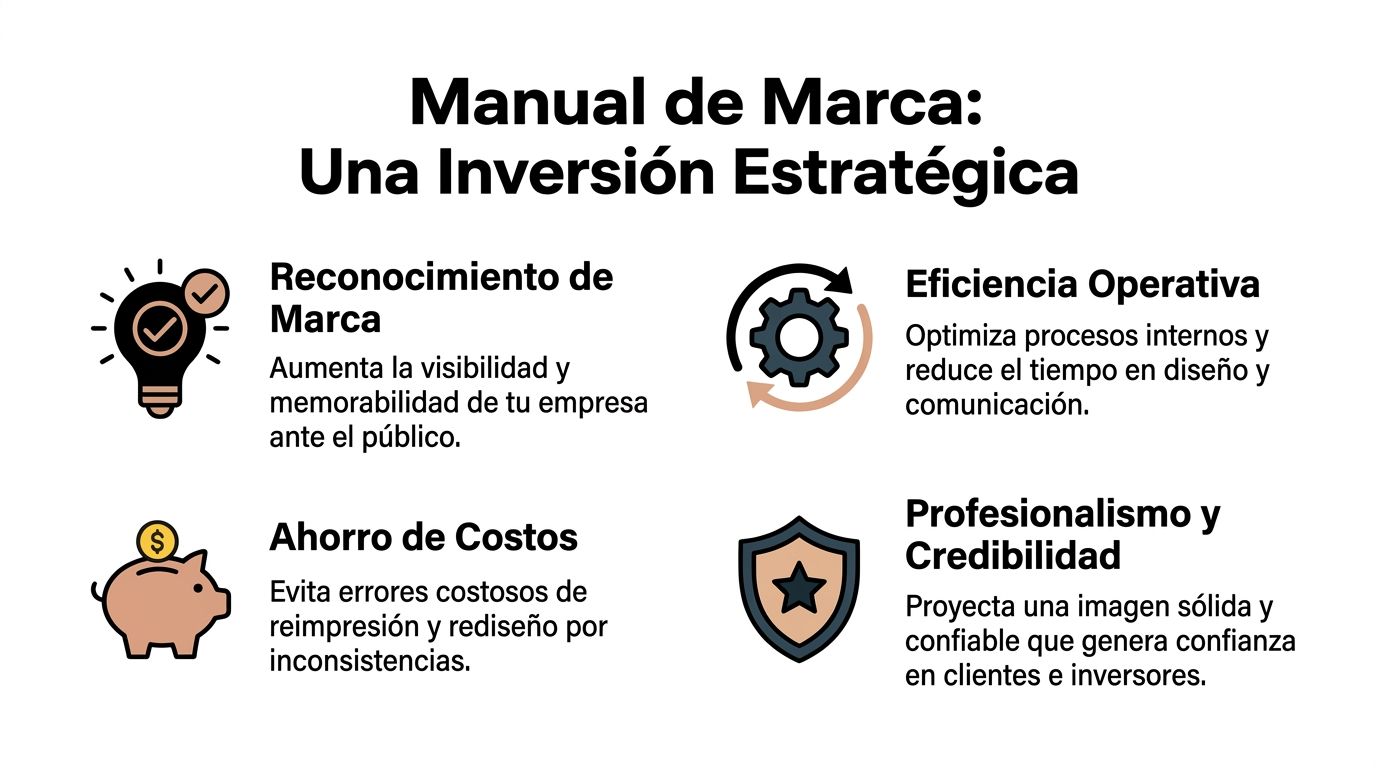 Manual de marca: Guía para construir y escalar tu empresa » manual de marca Infografía sobre las ventajas estratégicas de implementar un manual de marca para empresas y negocios.