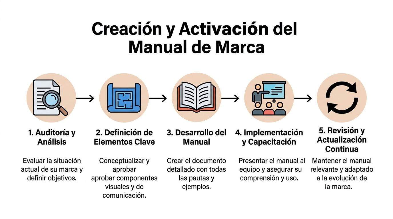 Manual de marca: Guía para construir y escalar tu empresa » manual de marca Infografía sobre los cinco pasos para la creación y activación efectiva de un manual de marca profesional.