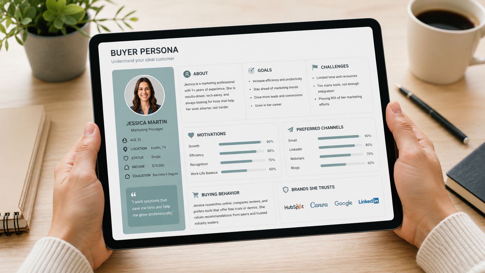 Buyer persona plantilla: guía para definir a tu cliente » buyer persona plantilla Una tableta que muestra la plantilla de una buyer persona detallada con el perfil de Jessica Martin.