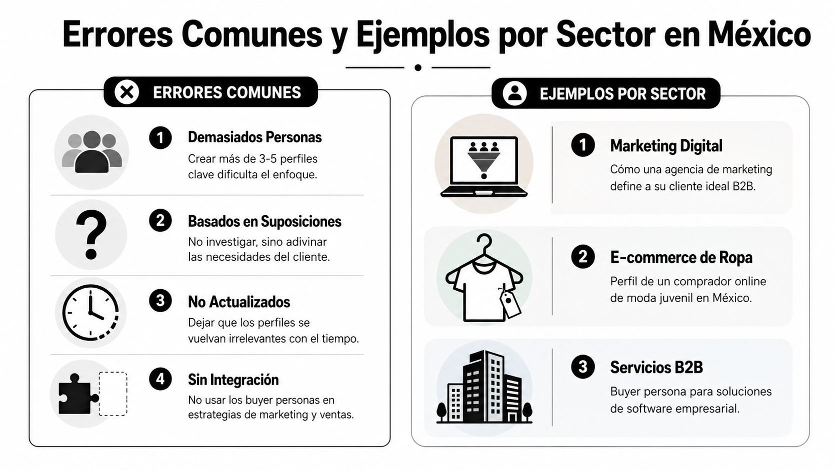 Buyer persona plantilla: guía para definir a tu cliente » buyer persona plantilla Infografía sobre errores comunes al crear buyer personas y ejemplos prácticos por sector en México.